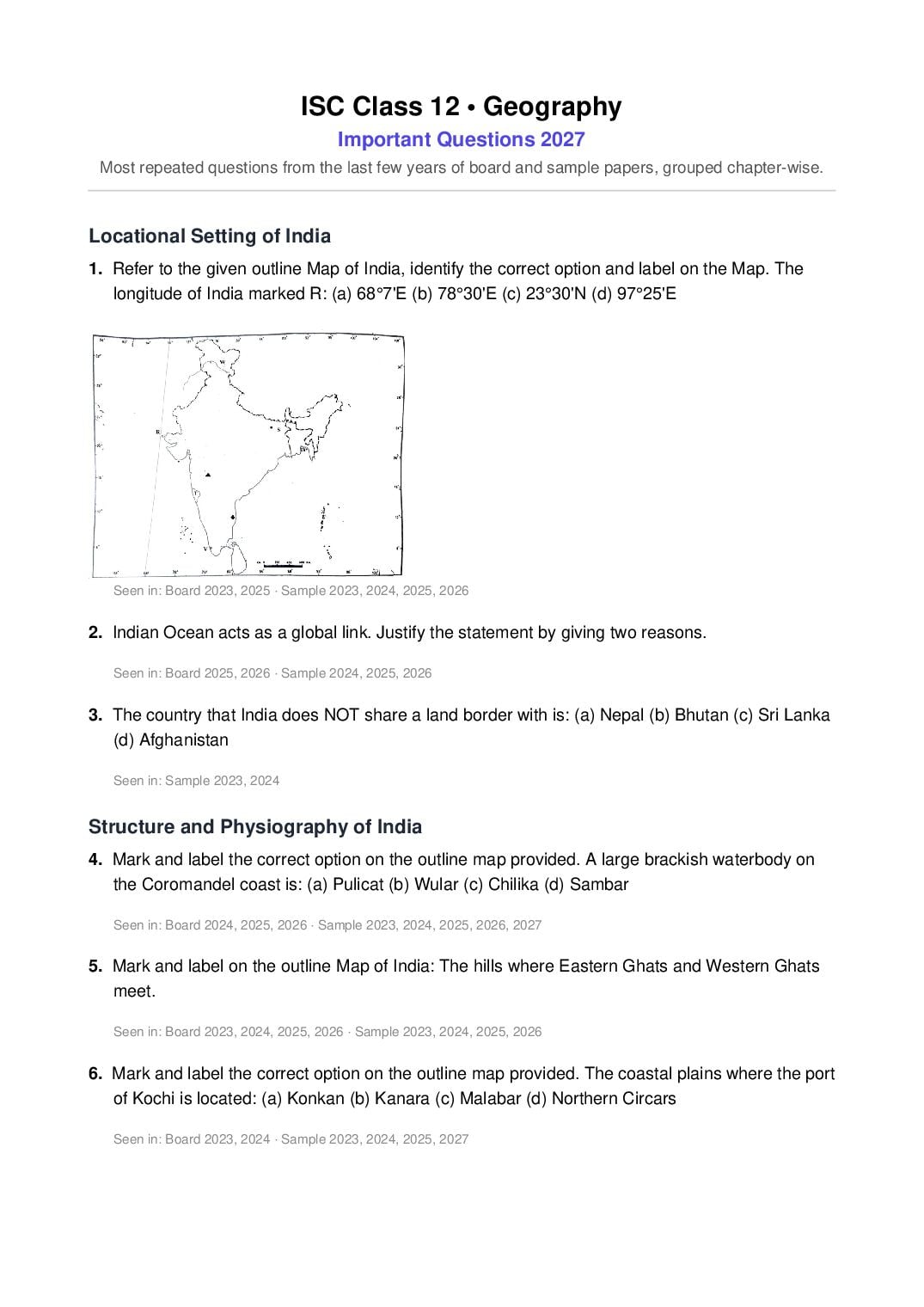 ISC Class 12 Important Questions 2027 Geography - Page 1 of 19