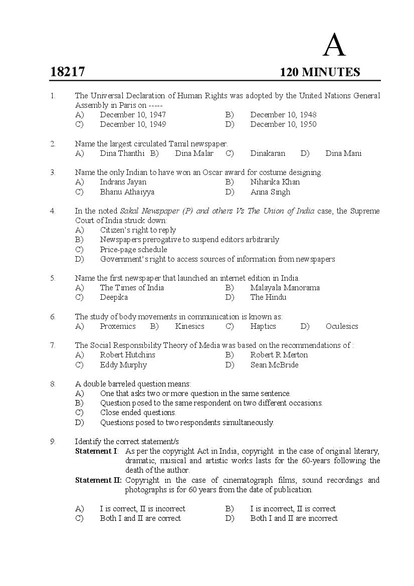 Kerala SET 2018 Feb Question Paper Journalism - Page 1 of 14