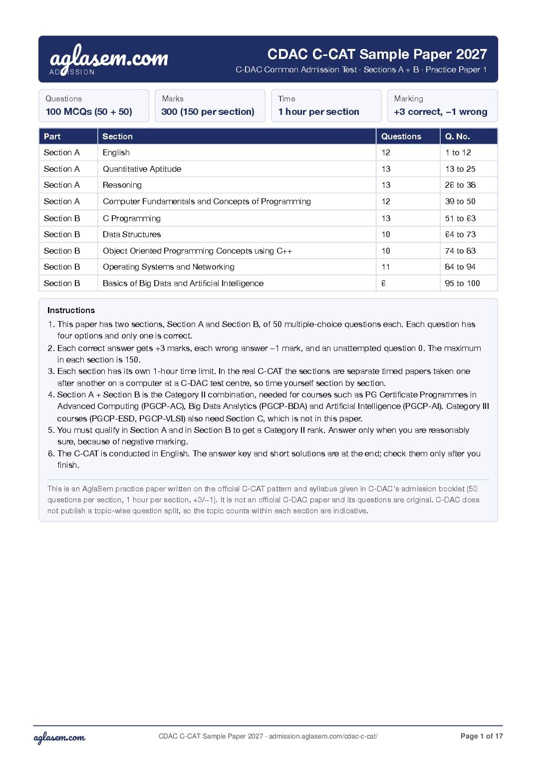C-CAT 2027 Sample Paper Sections A and B - Page 1 of 17