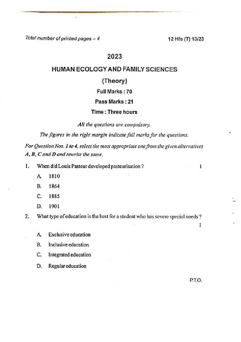 Manipur Board Class 12 Question Paper 2023 for Human Ecology and Family Sciences - Page 1