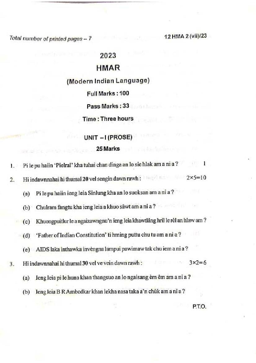 Manipur Board Class 12 Question Paper 2023 for Hmar - Page 1