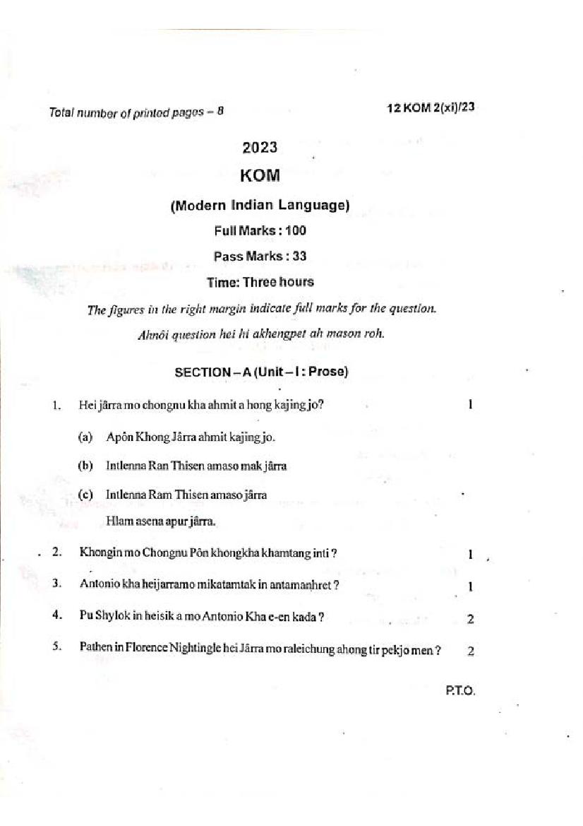 Manipur Board Class 12 Question Paper 2023 for Kom - Page 1