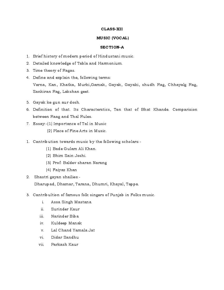 PSEB Syllabus 2021-22 for Class 12 Music Vocal - Page 1
