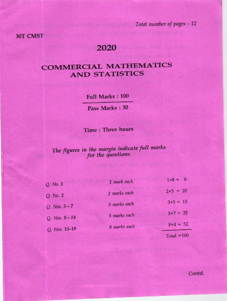 AHSEC HS 2nd Year Question Paper 2020 Commercial Mathematics and Statistics - Page 1