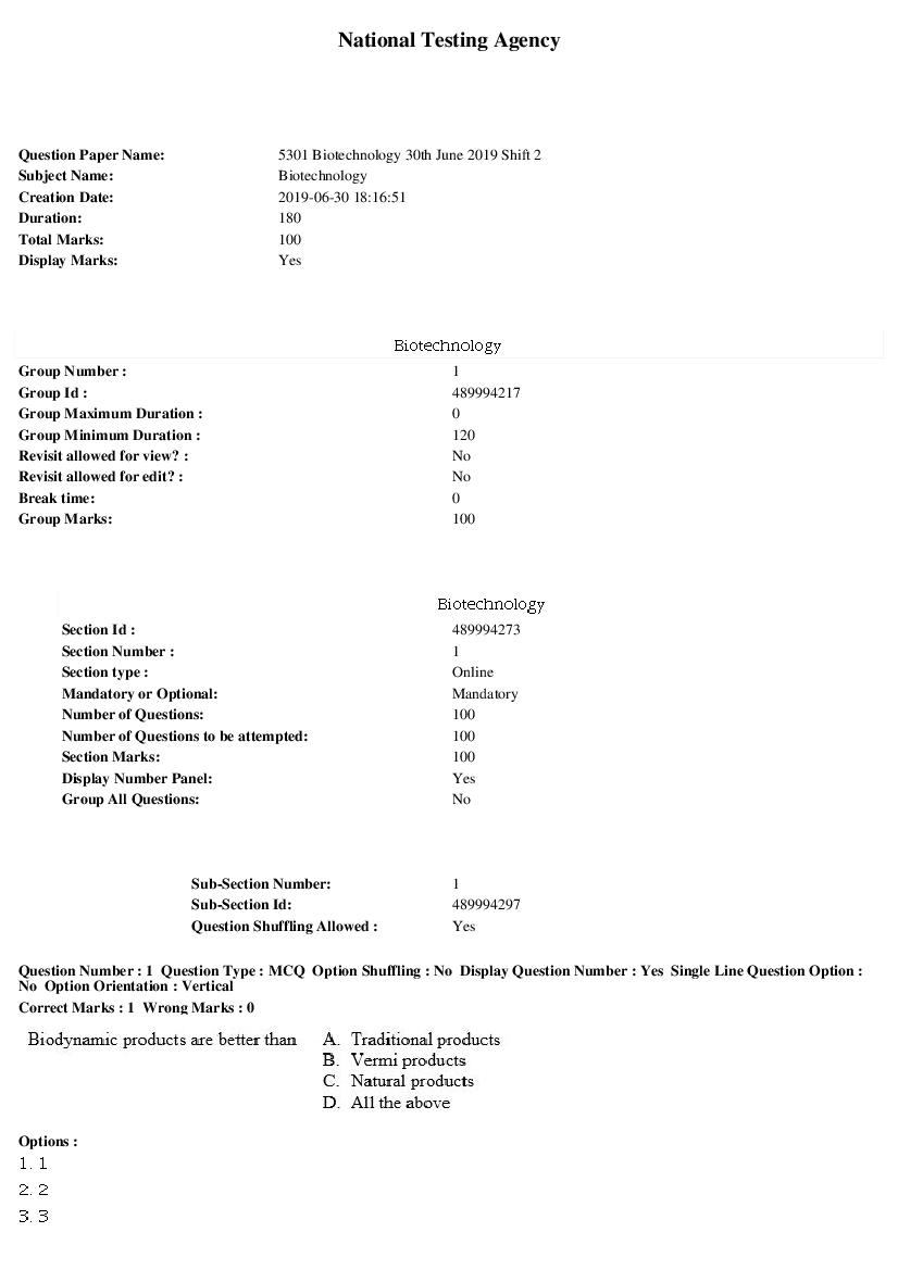 ARPIT 2019 Question Paper for Biotechnology Shift 2 - Page 1 of 29