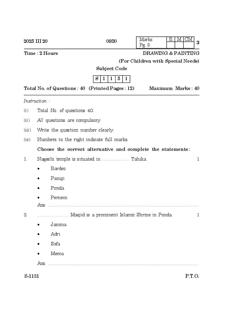 Goa Board Class 10 Question Paper 2025 Drawing & Painting - Page 1 of 8