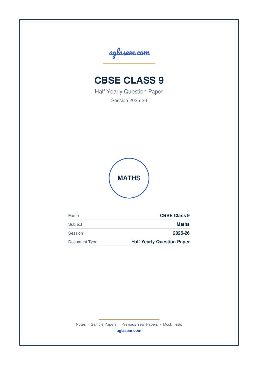 Class 9 Half Yearly Question Paper 2025-26 Maths - Page 1 of 7