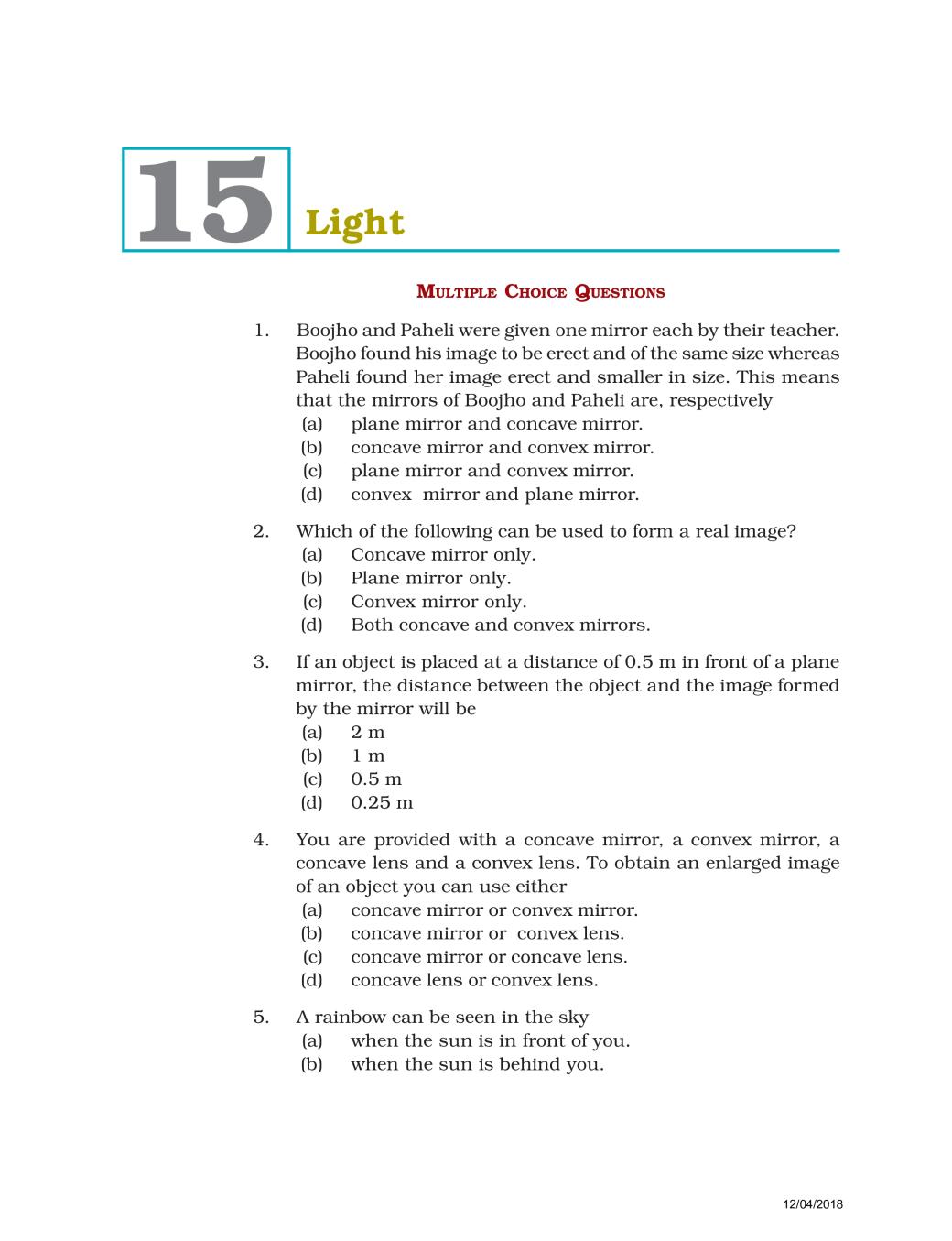NCERT Exemplar Class 07 Science Unit 15 light - Page 1