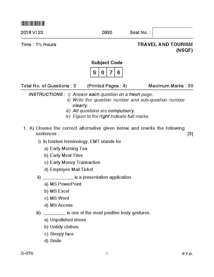 Goa Board Class 10 Question Paper June 2018 Travel and Tourism NSQF - Page 1