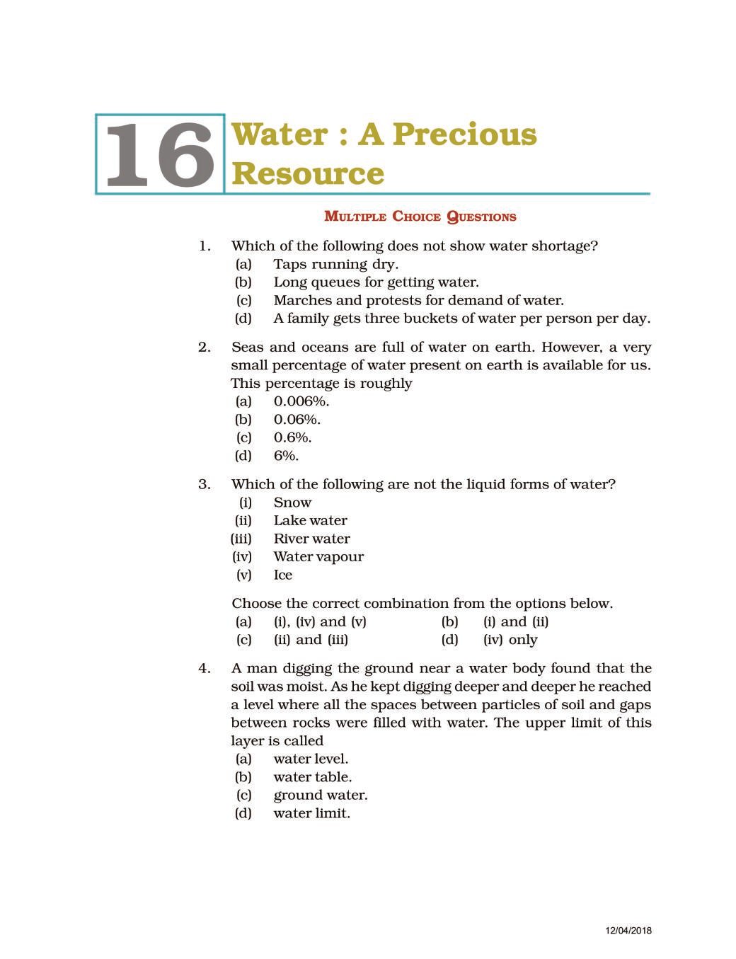 NCERT Exemplar Class 07 Science Unit 16 Water A Precious Resource - Page 1