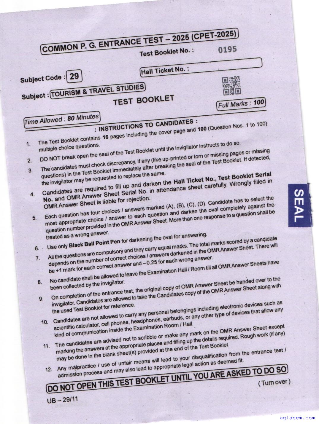 Odisha CPET 2025 Question Paper Tourism Travel Studies - Page 1 of 16