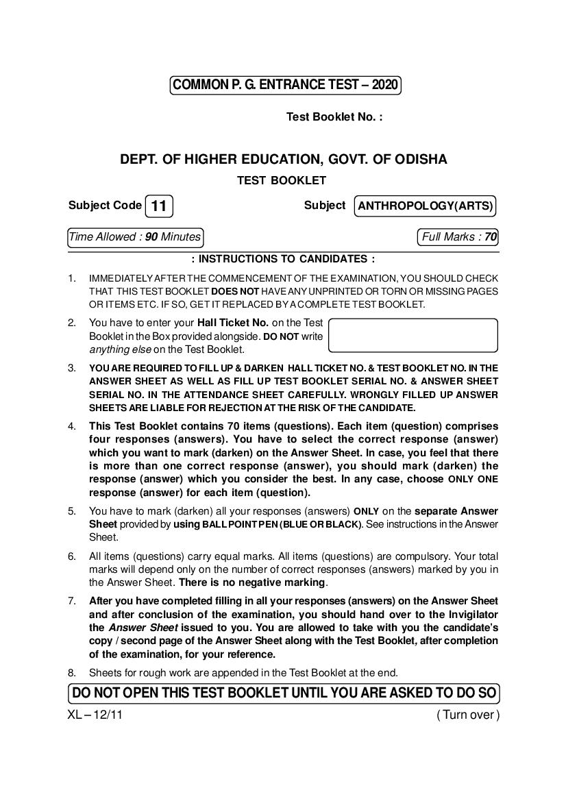 Odisha CPET 2020 Question Paper Anthropology (Arts) - Page 1