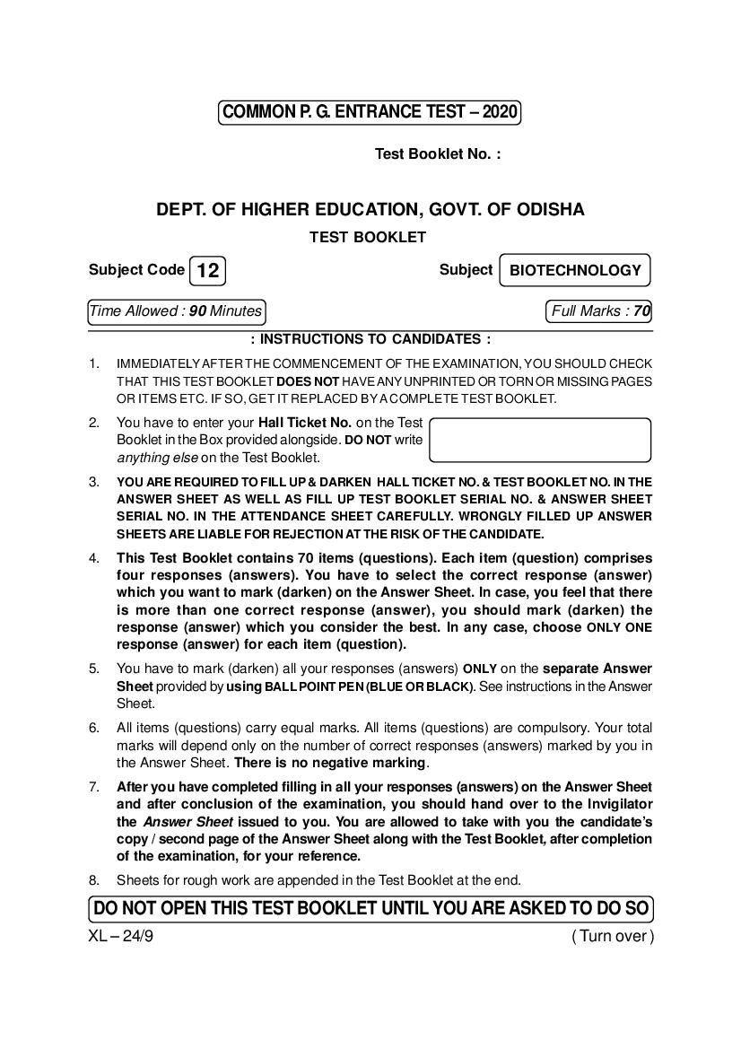 Odisha CPET 2020 Question Paper Biotechnology - Page 1