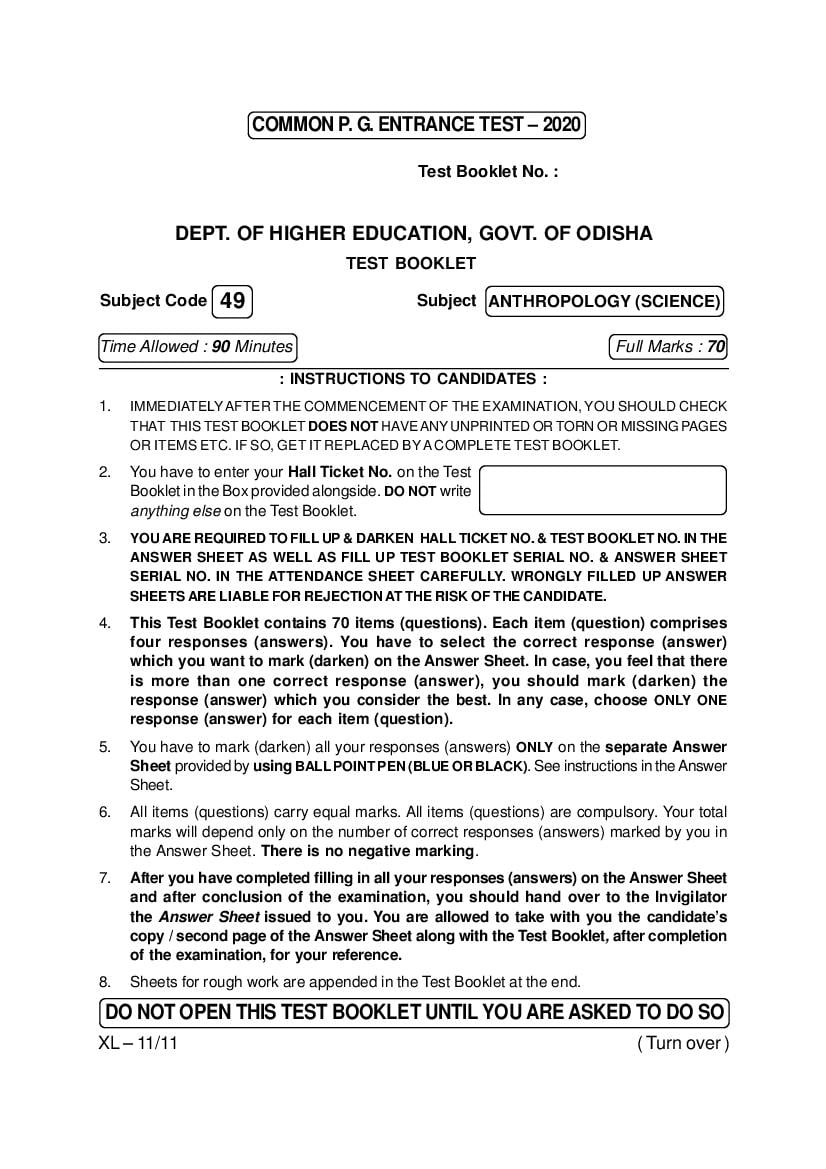 Odisha CPET 2020 Question Paper Anthropology (Science) - Page 1