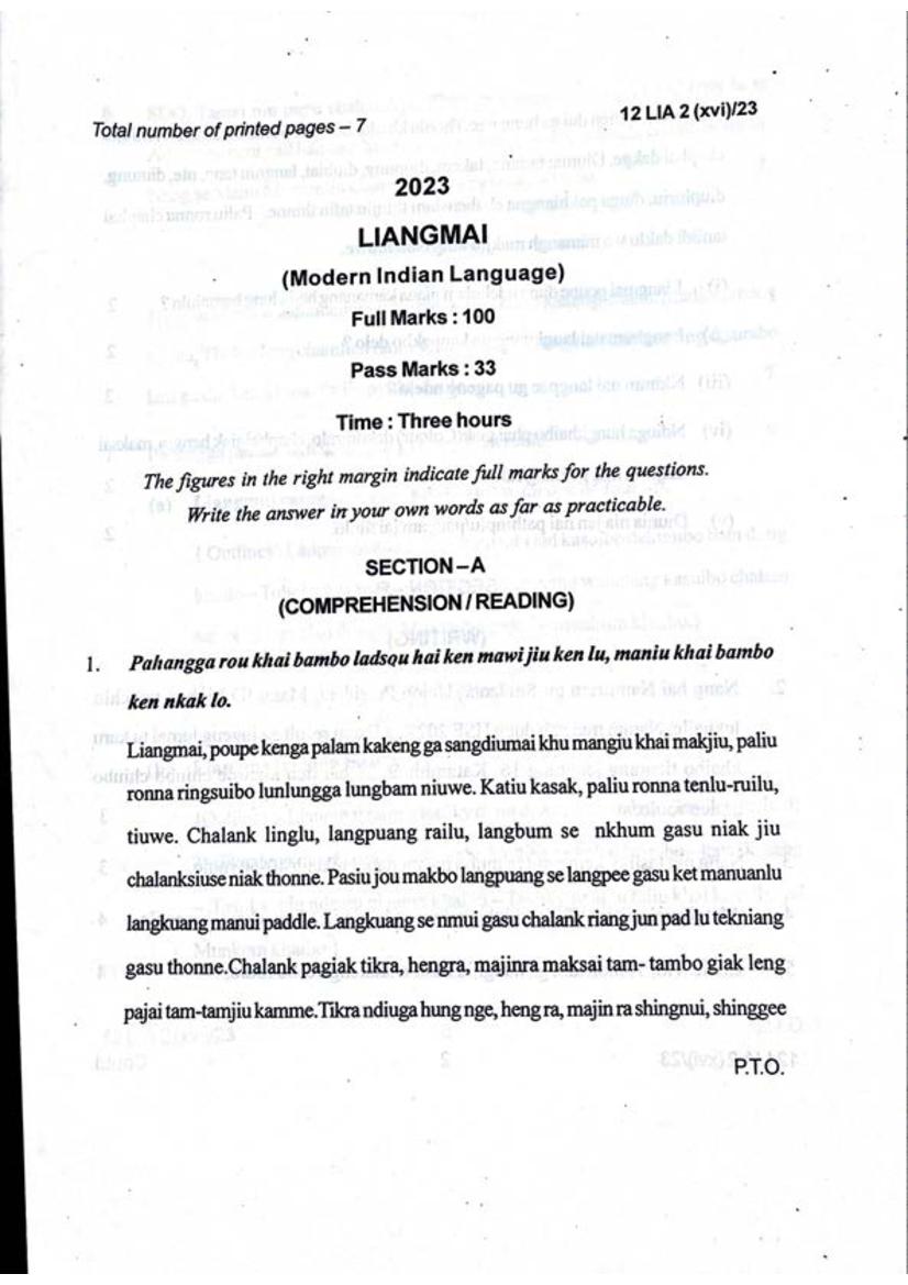 Manipur Board Class 12 Question Paper 2023 for Liangmai - Page 1