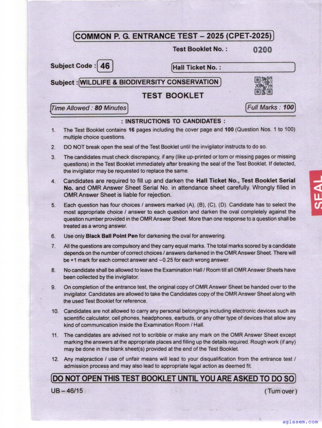 Odisha CPET 2025 Question Paper Wildlife Biodiversity Conservation - Page 1 of 16