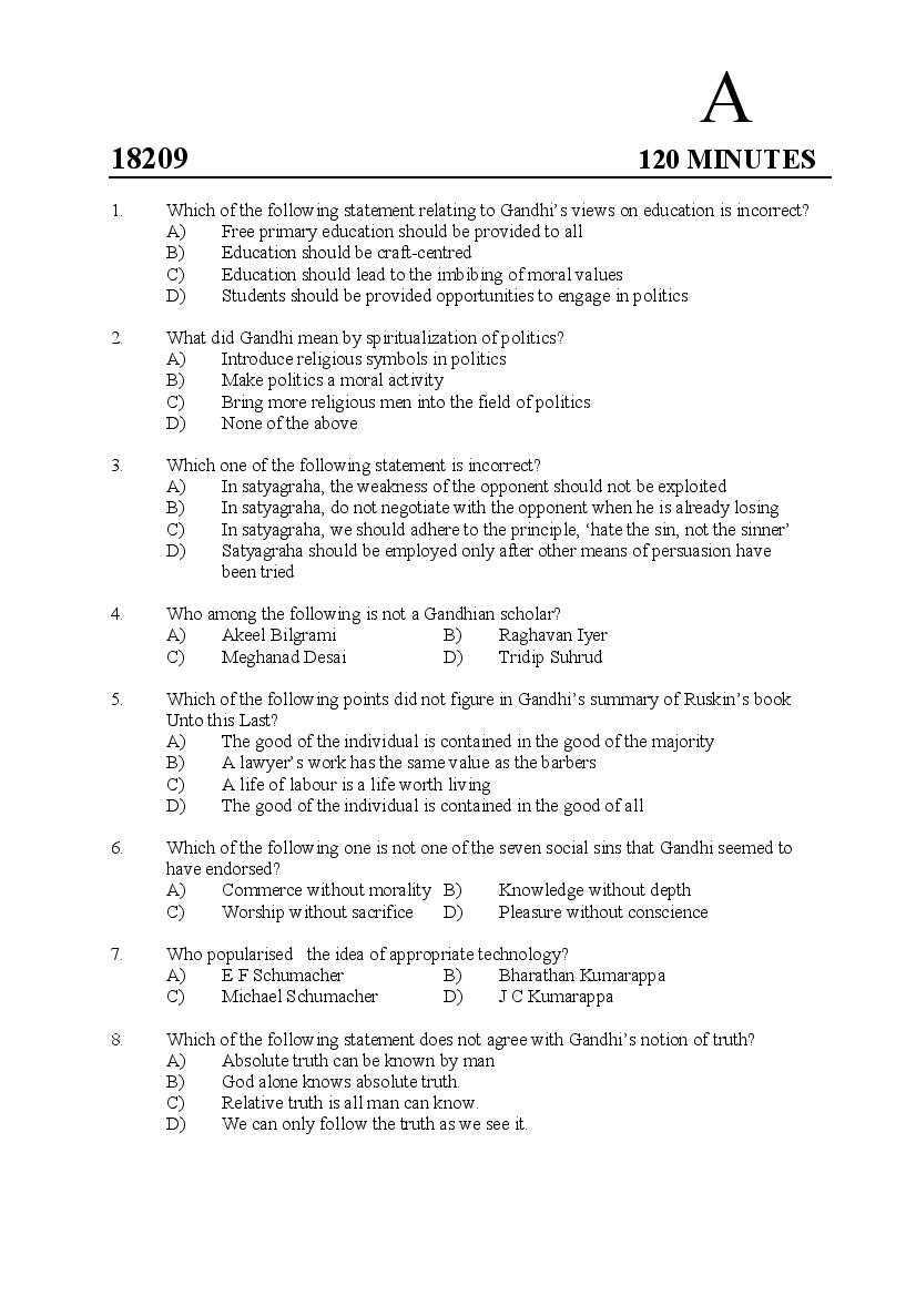 Kerala SET 2018 Feb Question Paper Gandhian Studies - Page 1 of 13