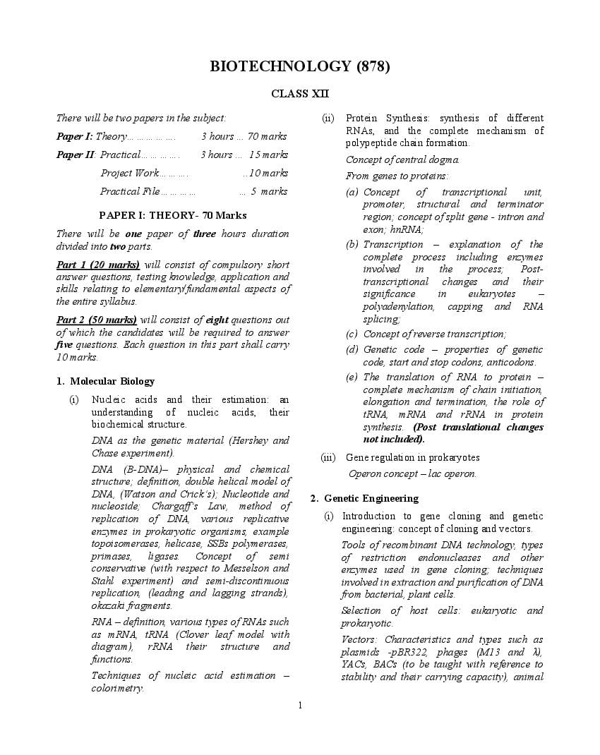 ISC Class 12 Syllabus 2022 Biotechnology - Page 1