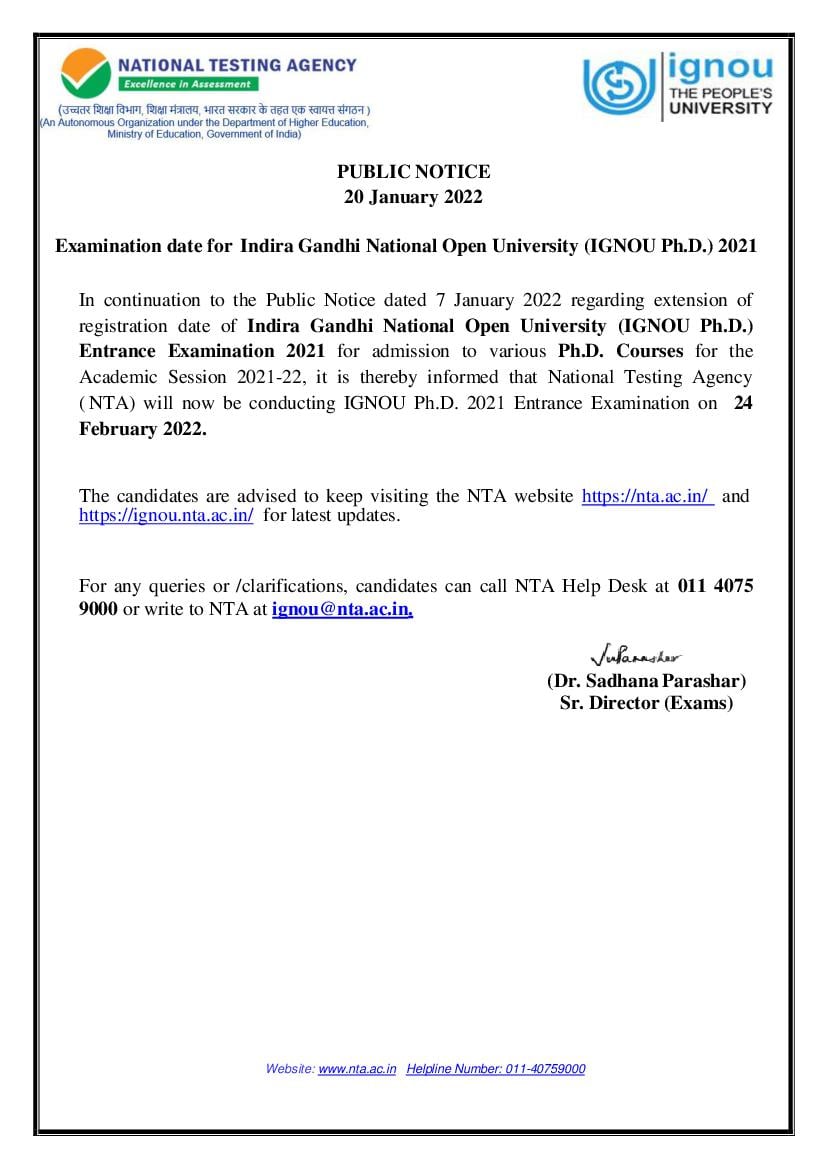 IGNOU Ph.D 2021 Exam Date - Page 1