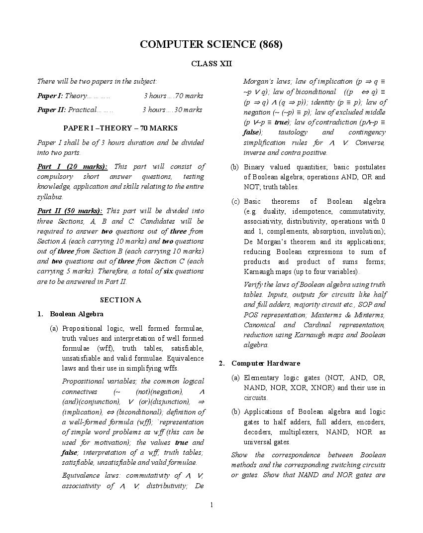 ISC Class 12 Syllabus 2022 Computer Science - Page 1