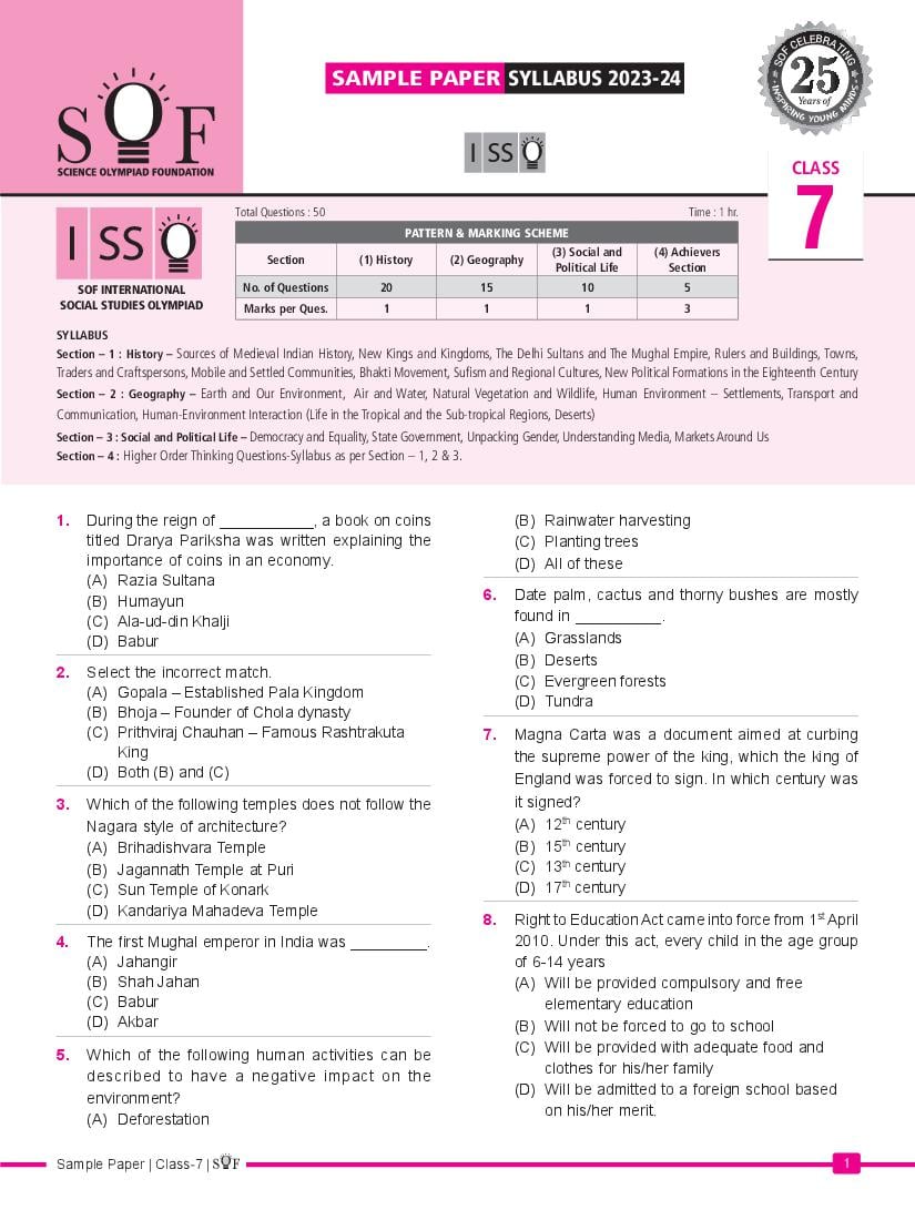 SOF ISSO Sample Papers 2024 Class 7 - Page 1