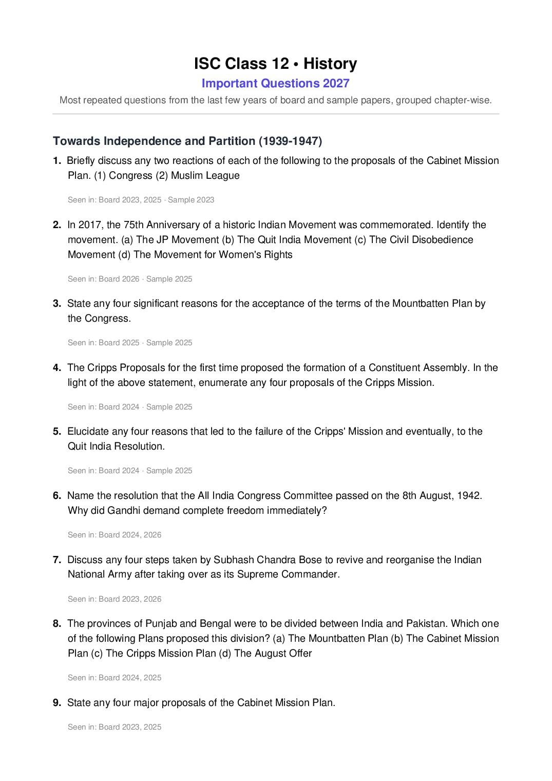 ISC Class 12 Important Questions 2027 History - Page 1 of 8