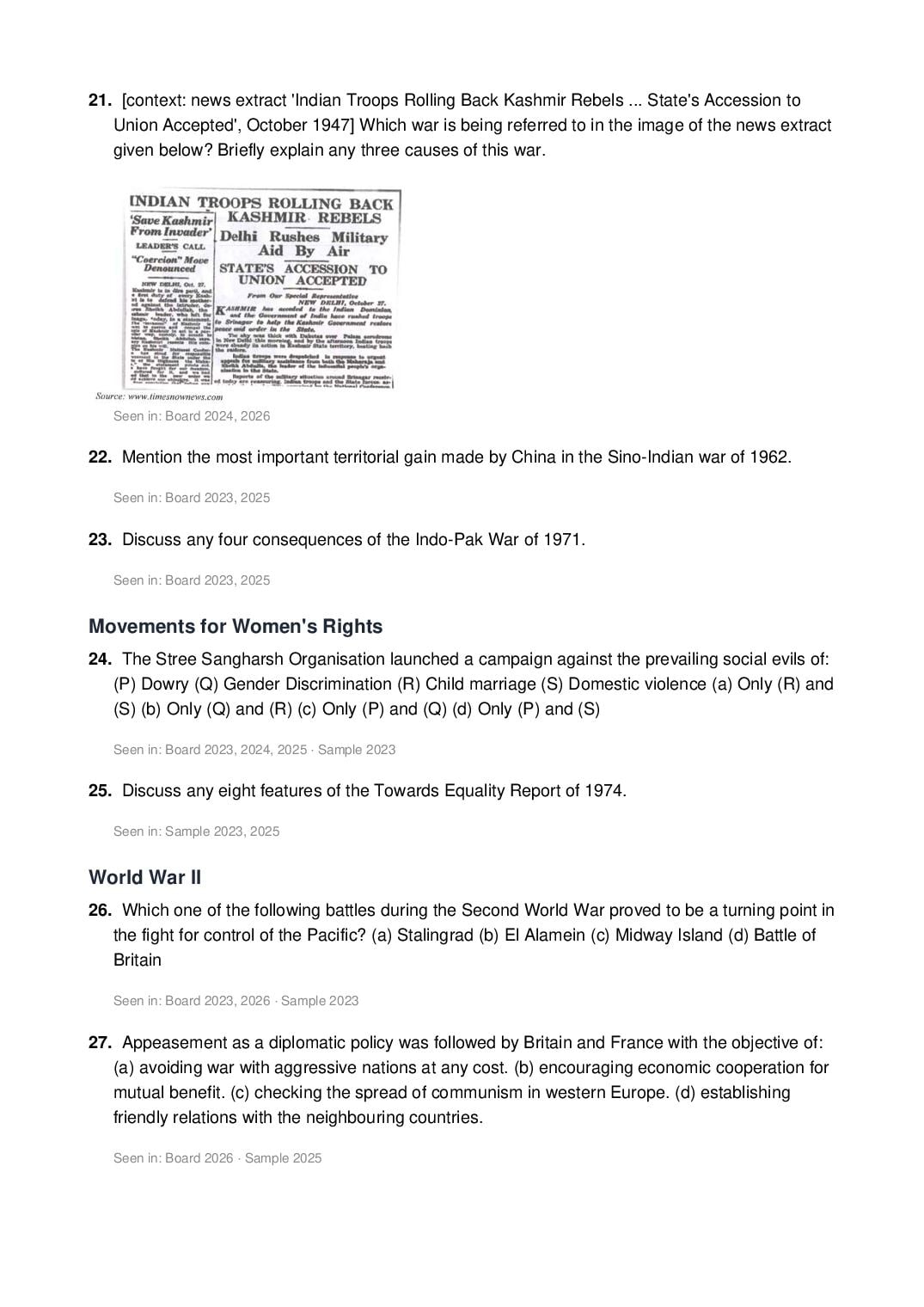 ISC Class 12 History Important Questions 2027 (PDF)