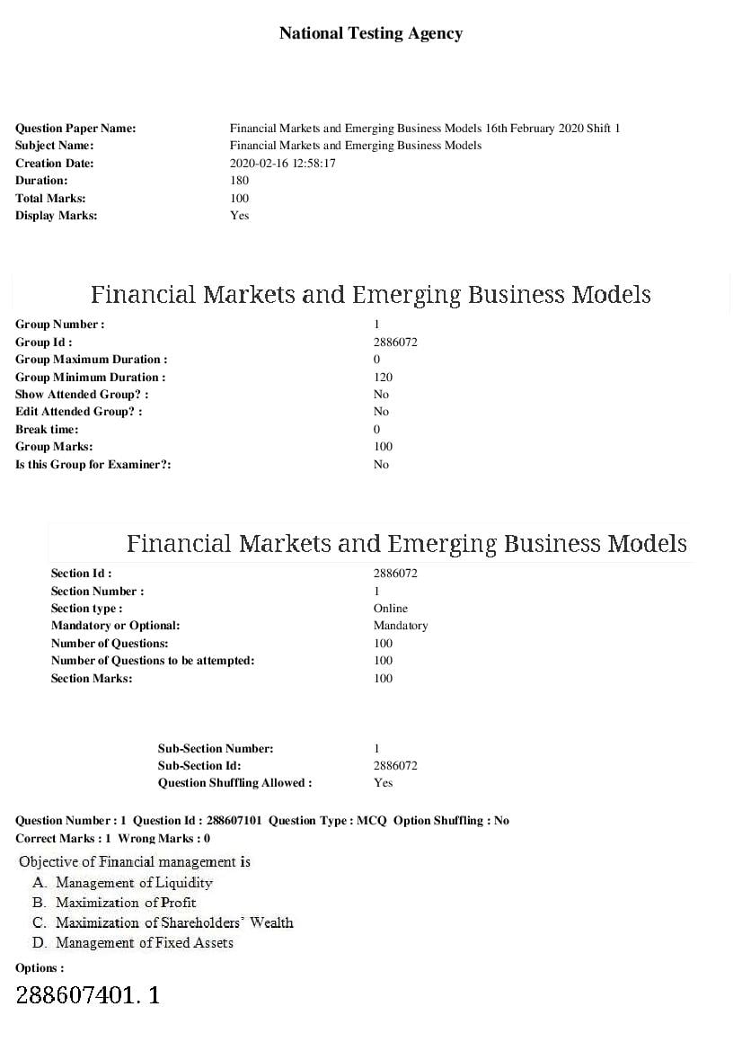ARPIT 2020 Question Paper for Financial Markets and Emerging Business Models - Page 1