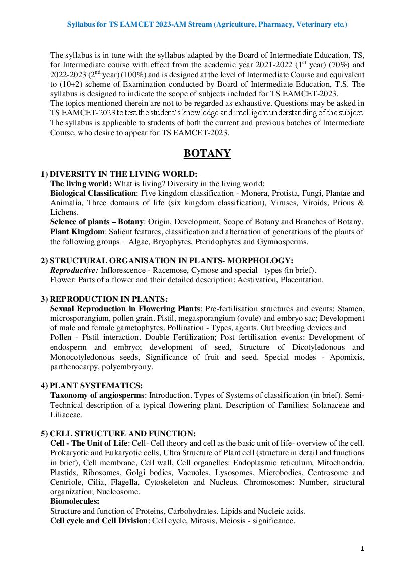 TS EAMCET 2023 Syllabus Agriculture - Page 1 of 28