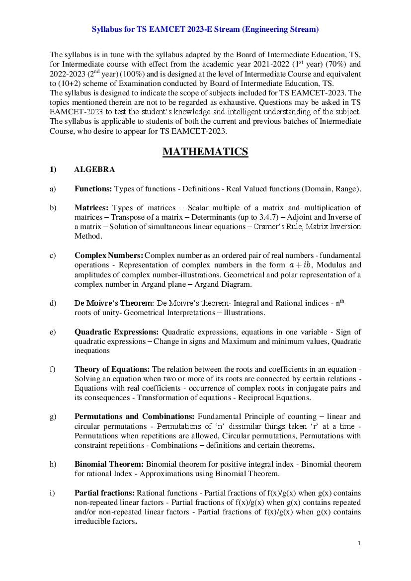 TS EAMCET 2023 Syllabus Engineering - Page 1