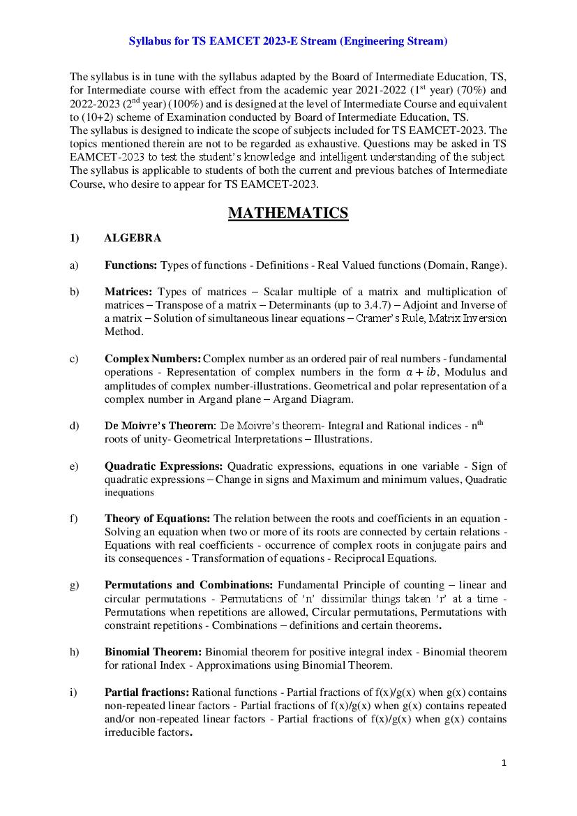 TS EAMCET 2023 Syllabus Engineering