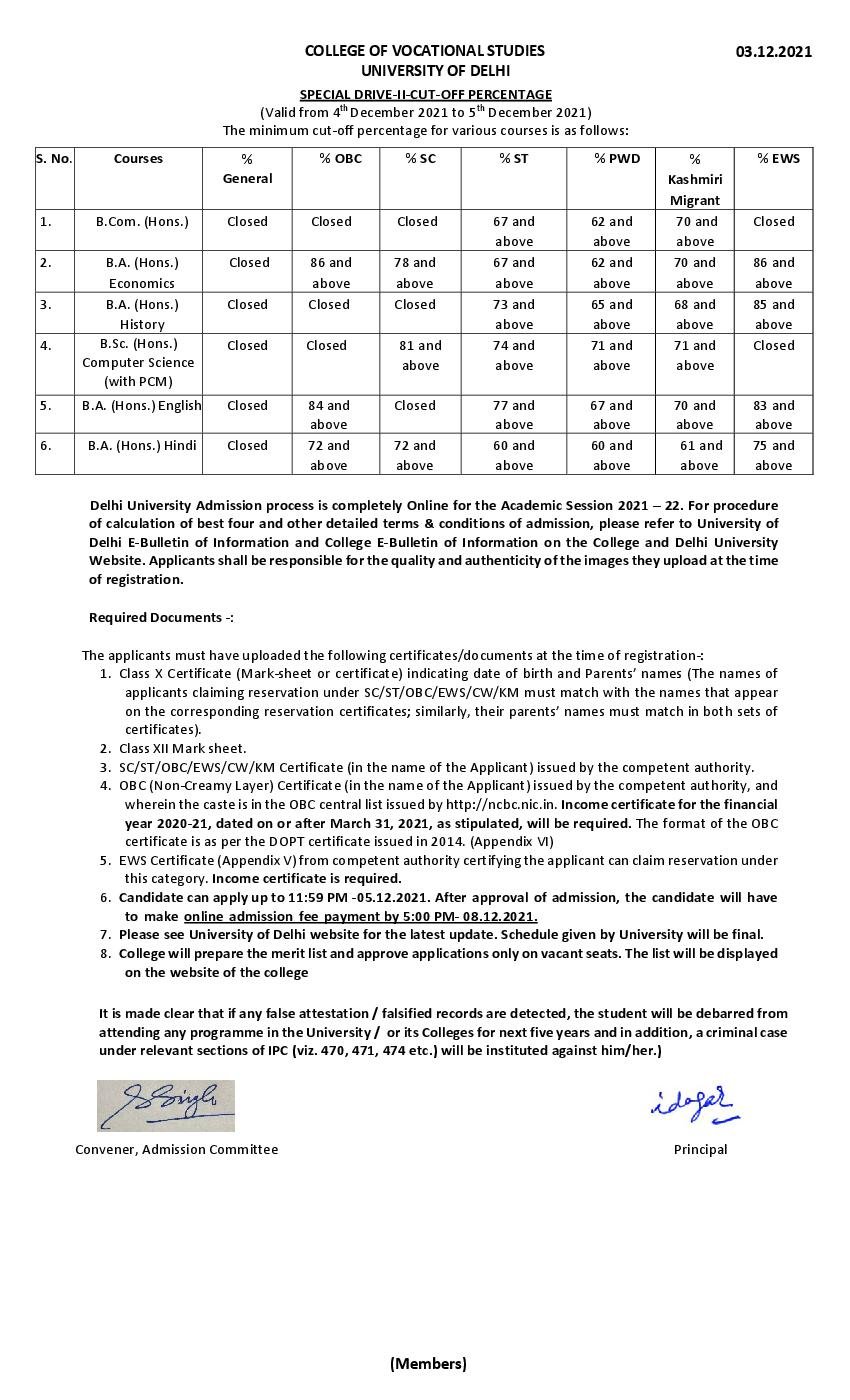 College of Vocational Studies 3rd Special Drive Cut Off List 2021 - Page 1