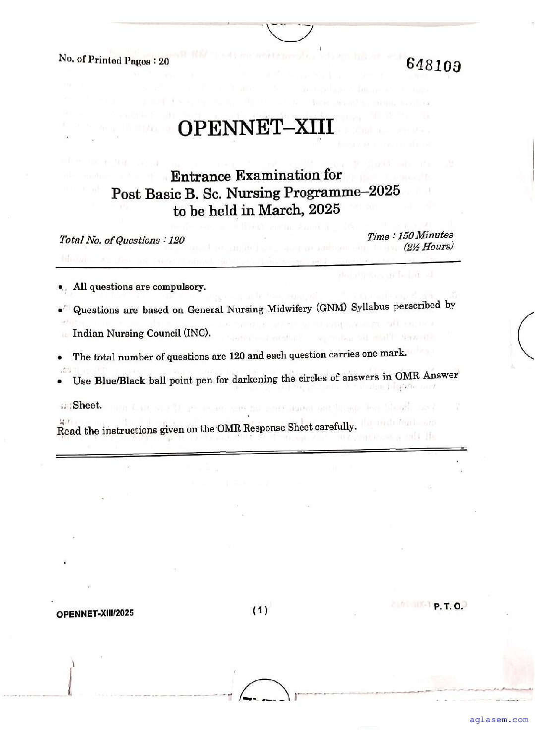 IGNOU OPENNET 2025 Question Paper Post Basic B.Sc Nursing - Page 1 of 20