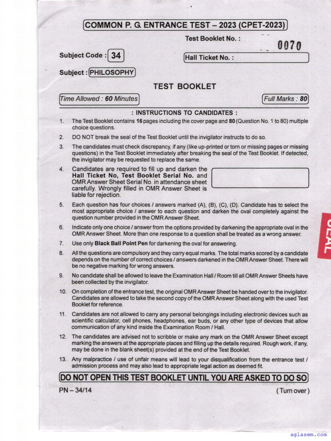 Odisha CPET 2023 Question Paper Philosophy - Page 1 of 16