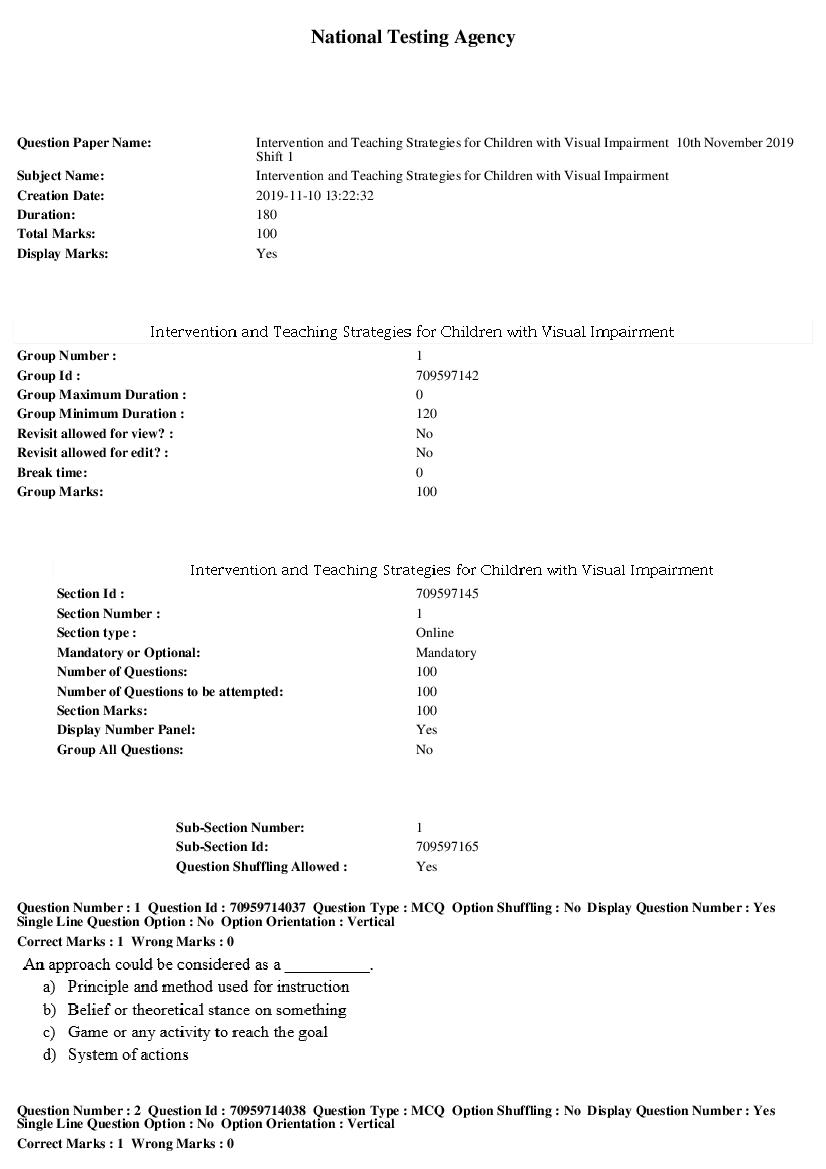 SWAYAM 2019 Question Paper Intervention and Teaching Strategies for Children with Visual Impairment - Page 1 of 21