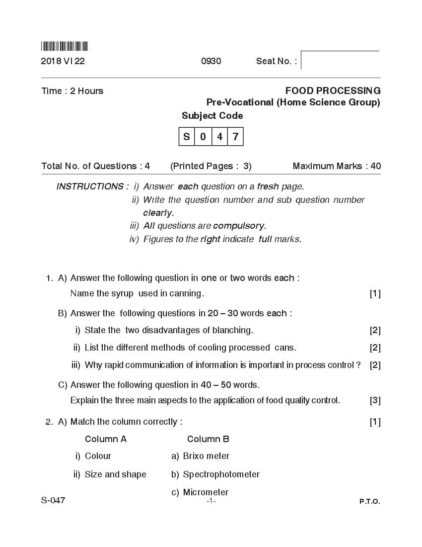 Goa Board Class 10 Question Paper June 2018 Food Processing Pre Vocational - Page 1