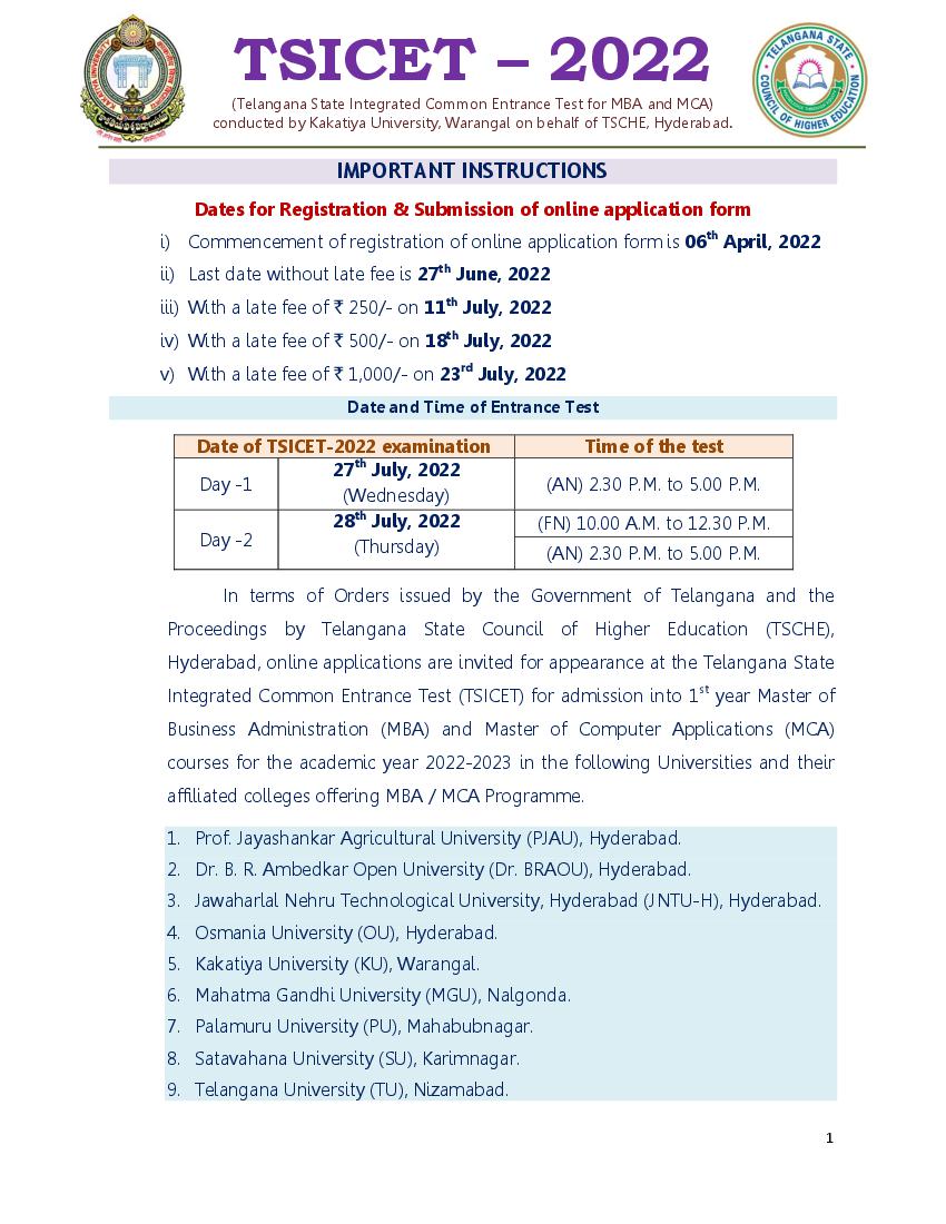 TS ICET 2022 Important Instructions to Candidate - Page 1