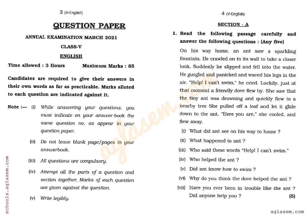 HP Board Class 5 Question Paper 2021 English - Page 1