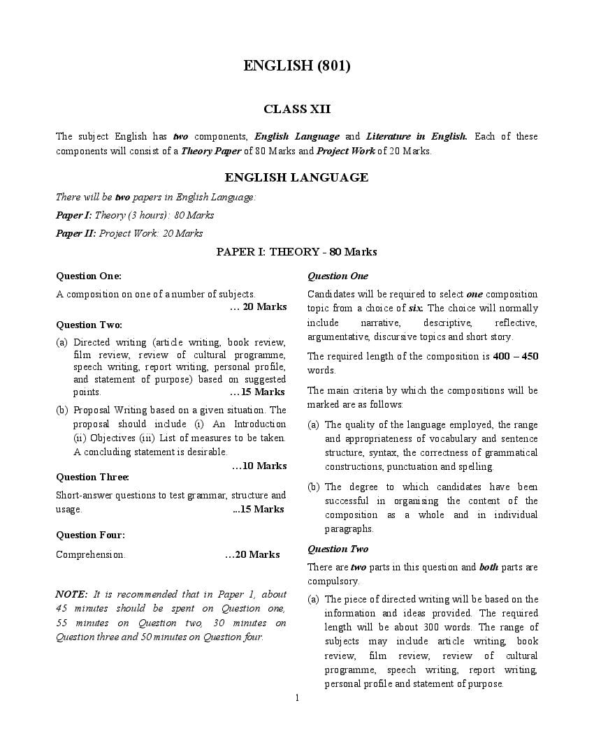 ISC Class 12 Syllabus 2022 English - Page 1