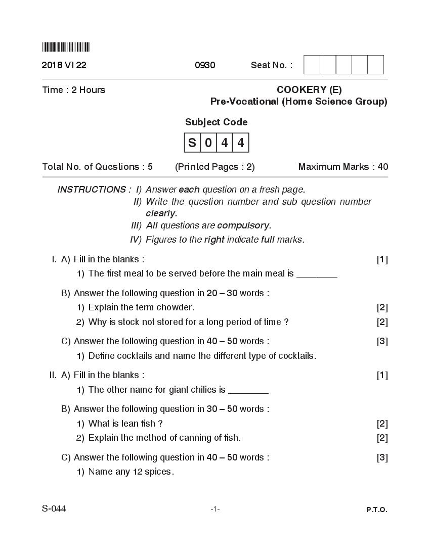 Goa Board Class 10 Question Paper June 2018 Cookery Pre Vocational English - Page 1