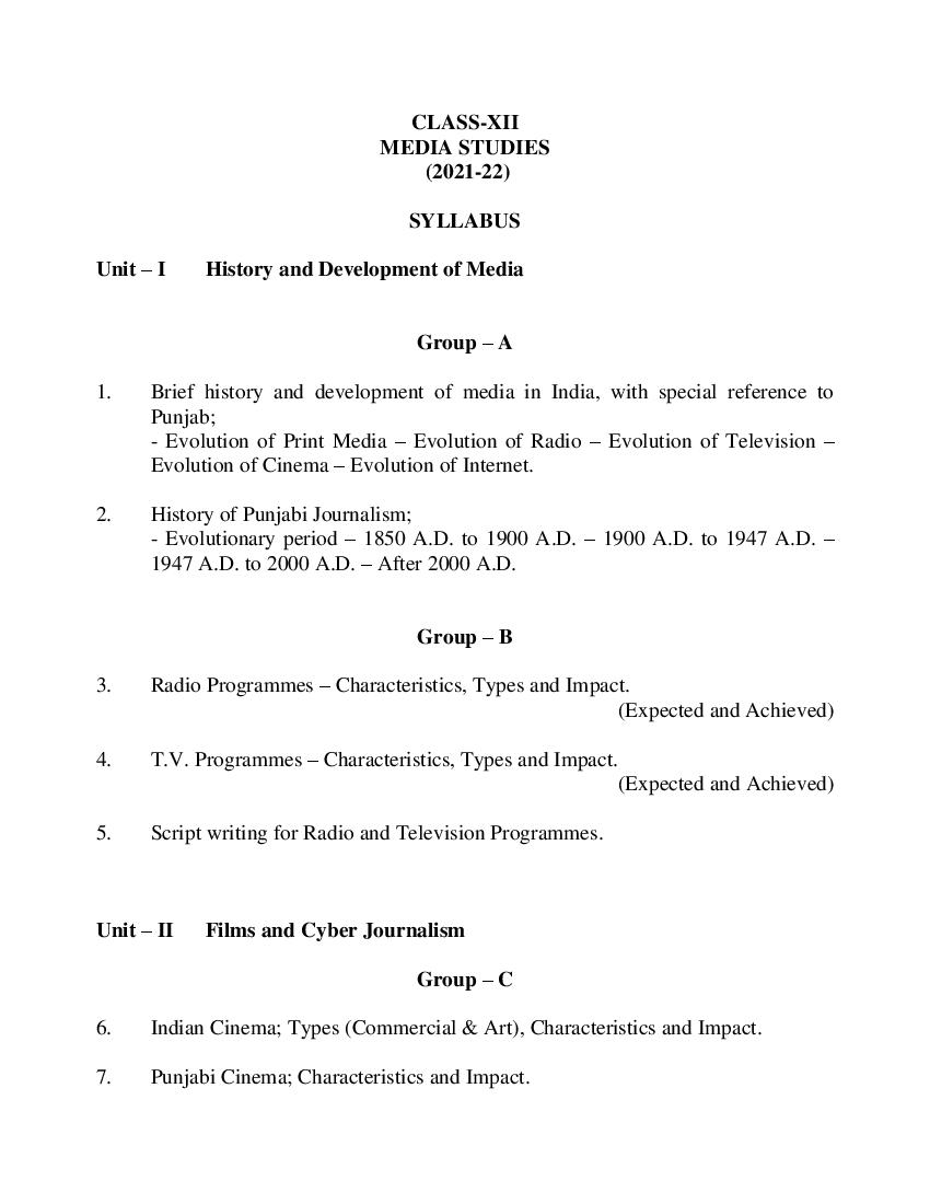 PSEB Syllabus 2021-22 for Class 12 Media Studies - Page 1