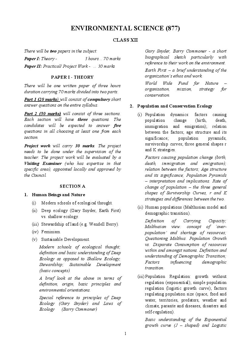 ISC Class 12 Syllabus 2022 Environmental Science - Page 1