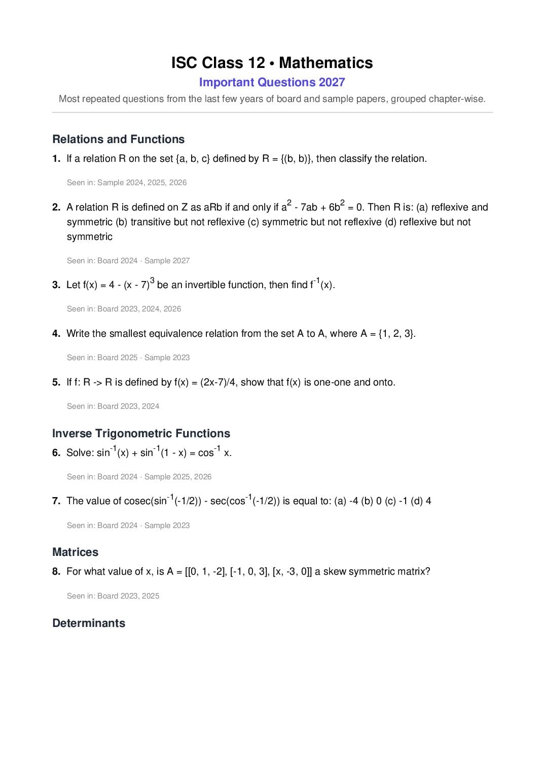 ISC Class 12 Important Questions 2027 Mathematics - Page 1 of 7