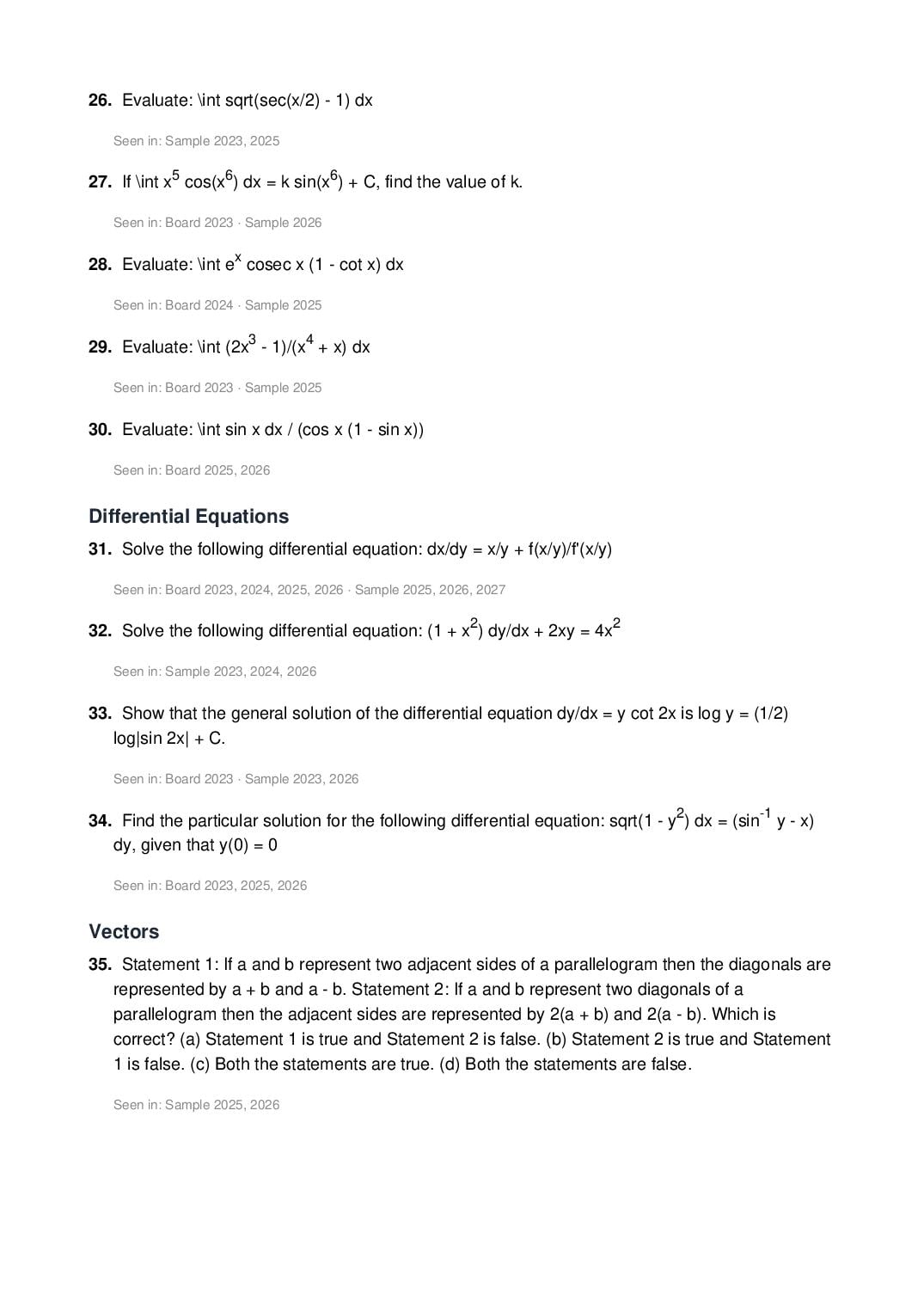 ISC Class 12 Mathematics Important Questions 2027 (PDF)
