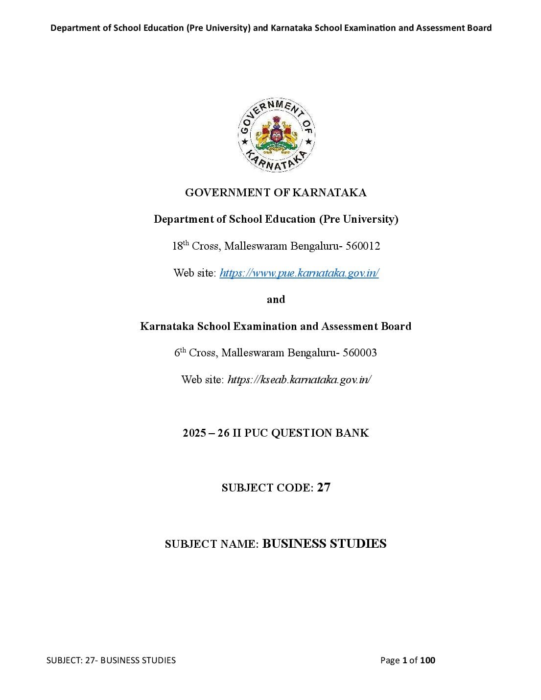 Karnataka 2nd PUC Question Bank 2026 Business Studies - Page 1 of 100