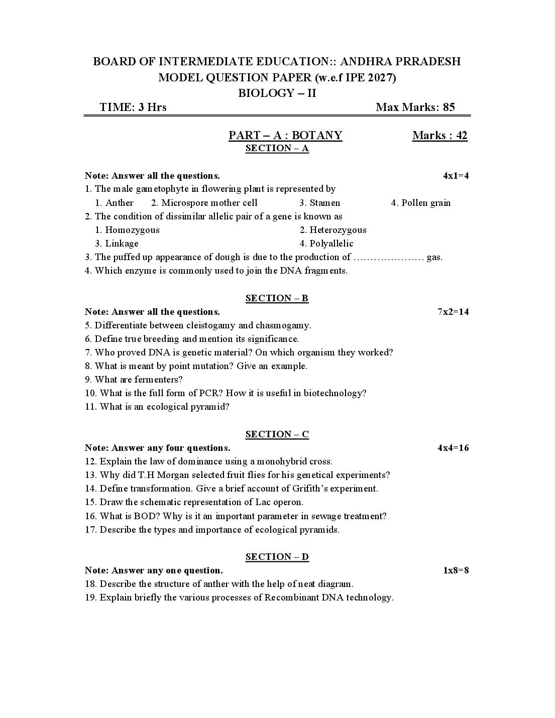 AP Class 12 Model Paper 2027 Biology - Page 1 of 3
