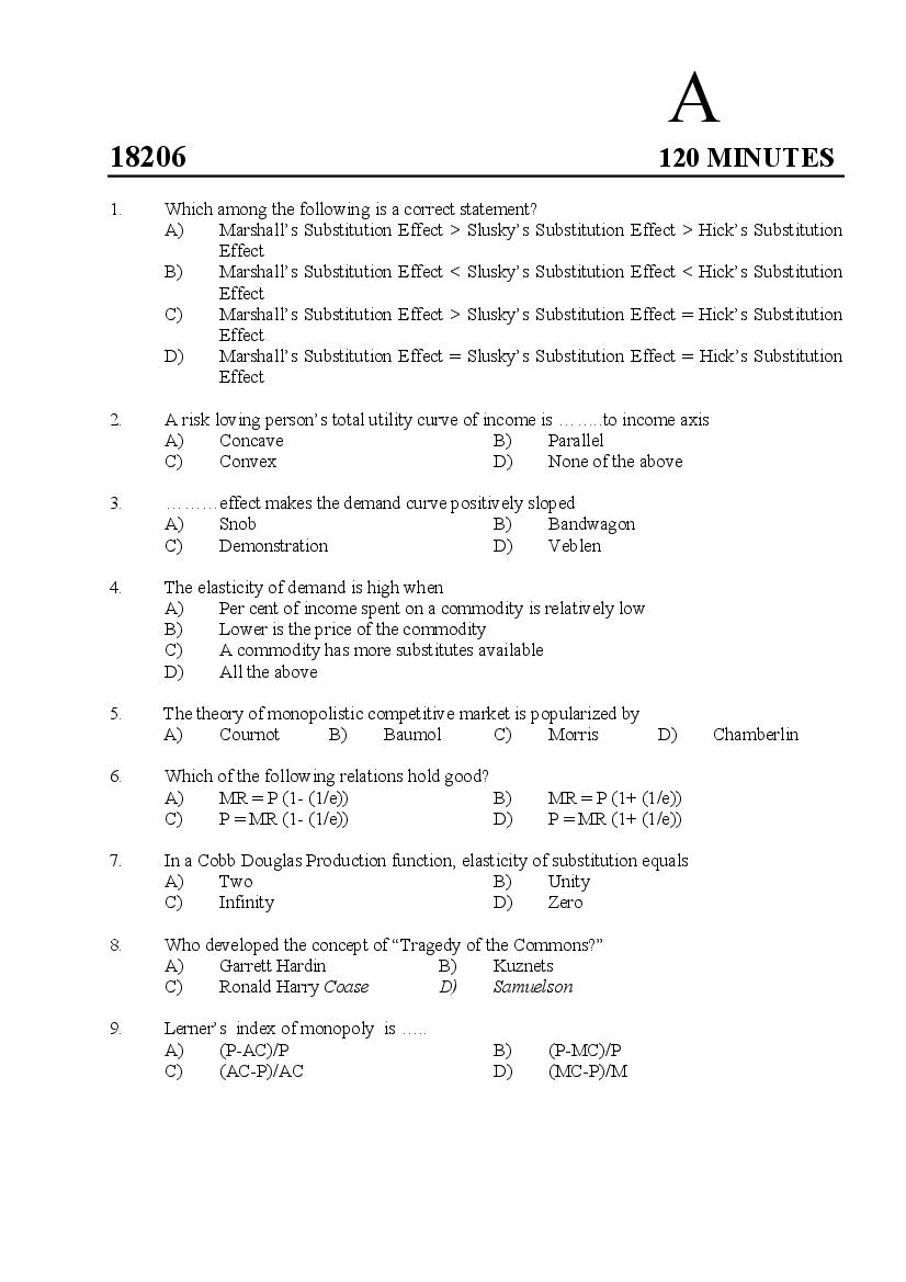 Kerala SET 2018 Feb Question Paper Economics