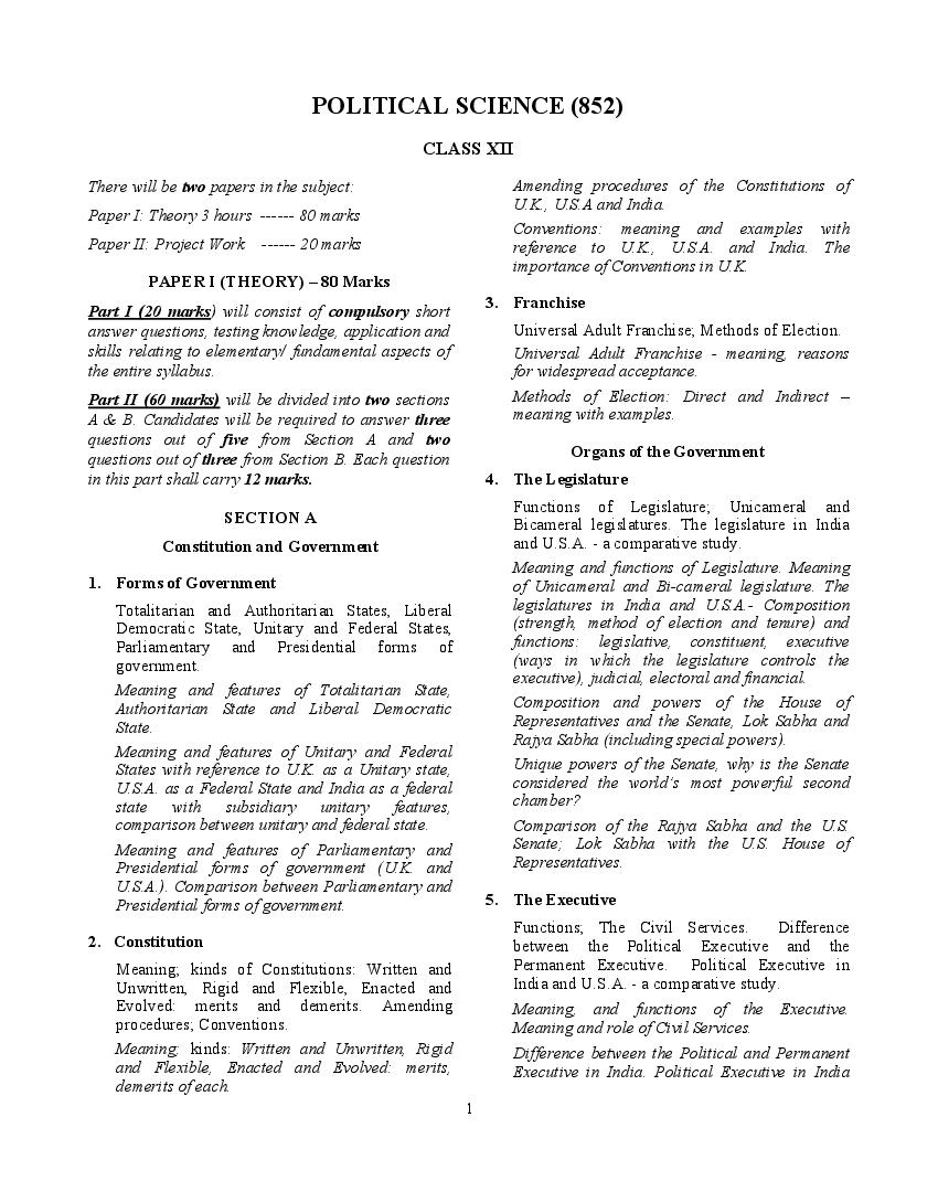 ISC Class 12 Syllabus 2022 Political Science - Page 1