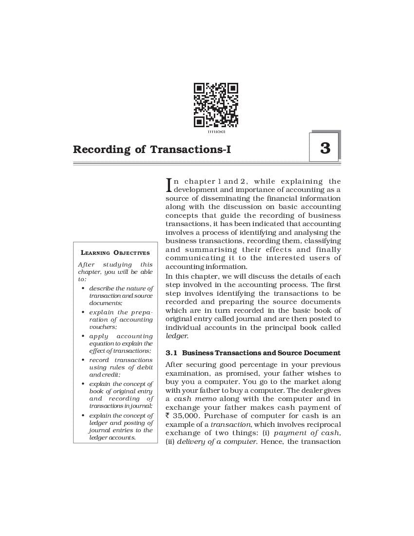 NCERT Book Class 11 Accountancy Chapter 3 Recording of Transactions - I - Page 1