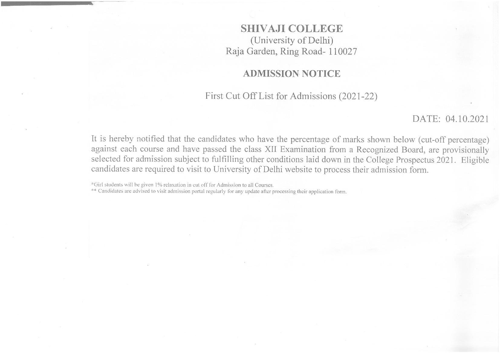 Shivaji College First Cut Off List 2021 - Page 1